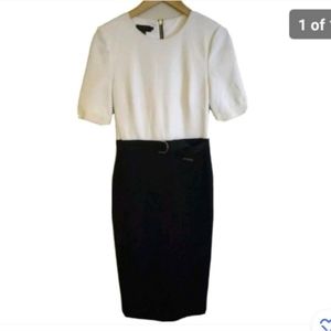 Ted Baker dress black white color block body con stretch midi formal size 2